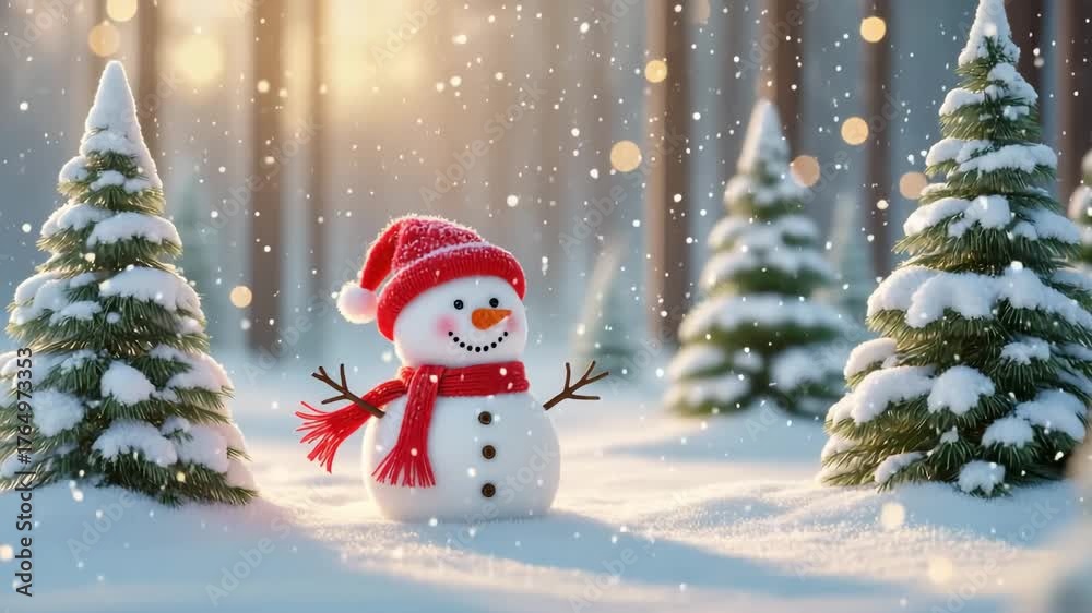 Cute snowman wearing red hat and scarf in snowy forest among fir trees ...