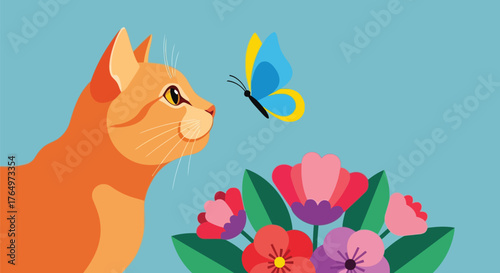 Illustration of curious orange cat watching a butterfly near colorful flowers in nature