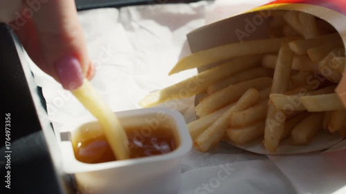 Unrecognizable woman take potato french fry from carton and dipping it into small container of sauce for quick and satisfying snack, representing fast-food meal on go