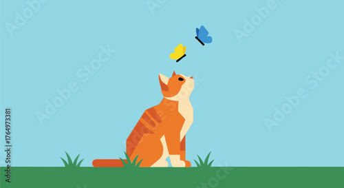 Illustration of playful orange cat watching butterflies in a bright green field on a sunny day