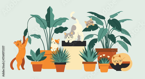 Illustration of playful cats and houseplants in cozy indoor setting with colorful pots
