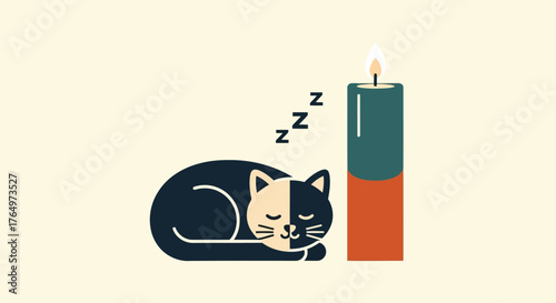 Illustration of black cat sleeping peacefully next to lit candle, relaxation and calmness theme