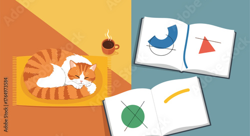 Illustration of relaxing cat napping beside open book, coffee, and knitting supplies on colorful background