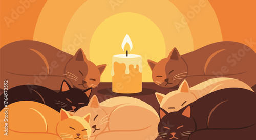 Illustration of cute cats sleeping peacefully around a lit candle in warm sunset glow illustration