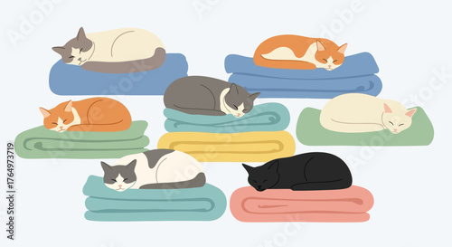 Illustration of seven cats sleeping on colorful pet beds with soft blankets, cartoon illustration