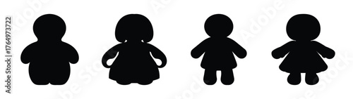 Collection of cute and playful silhouette outlines representing four diverse toy dolls perfect for children's projects