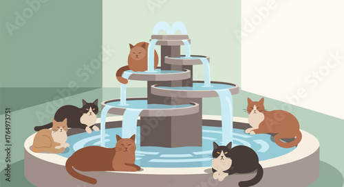 Illustration of playful cats relaxing around a tiered fountain in whimsical illustration style