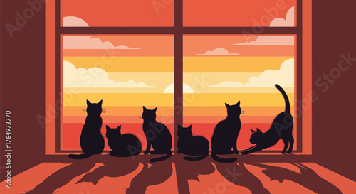 Illustration of silhouettes of five cats sitting together watching a stunning sunset through window