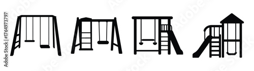 Minimalist black outline drawings showing diverse childrens playground equipment including swings slides and climbing structures ideal for design
