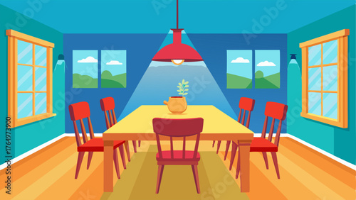 A brightly lit dining room with a large rustic wooden table and mismatched chairs