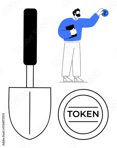 Cryptocurrency token in hand of businessman, shovel symbolizing mining, large token as focus. Ideal for blockchain, crypto, NFT, digital economy, finance data mining investment. Simple flat