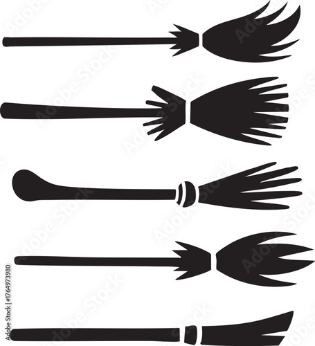 witch broom silhouette set, halloween flying broomstick collection, spooky magic broom icons, vector illustration of witch brooms