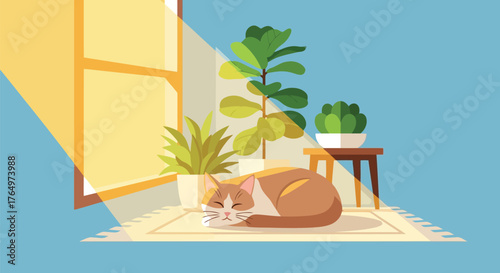 Illustration of cozy indoor scene with cat napping in sunlight near potted plants by window