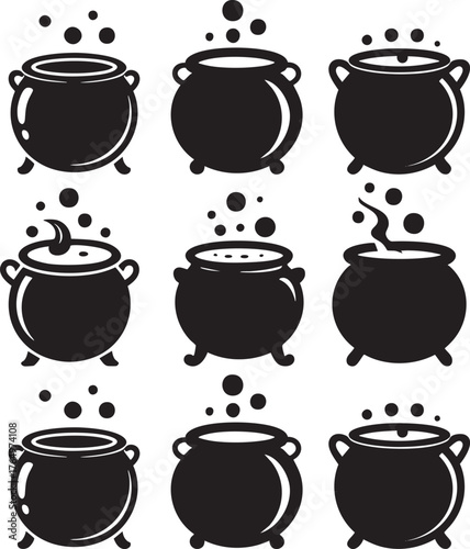 black cauldron icon set for halloween design, vector collection of witch's boiling pot silhouettes, minimalist halloween cauldron icons with bubbles, spooky witchcraft potion boiler graphic elements