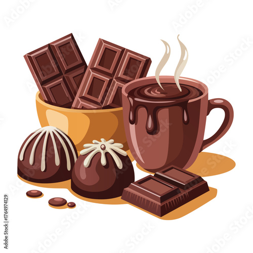 Delicious hot chocolate with chocolate bars and truffles