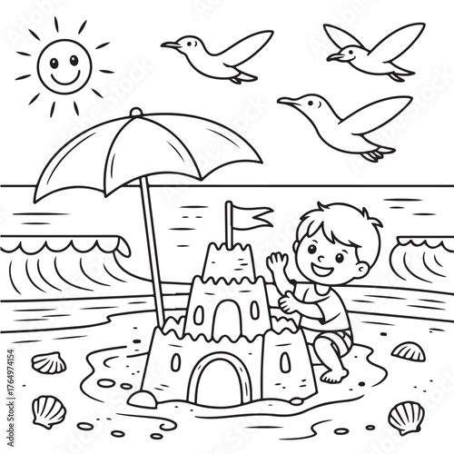 Coloring book kdp vector art of a happy boy is building a sandcastle on the beach with an umbrella and shells, while birds fly in the sky and the sun smiles