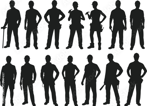 Construction workers silhouettes, industrial labor force, hard hat team, tool belt crew, skilled tradespeople, infrastructure workforce, building site professionals, manual laborers