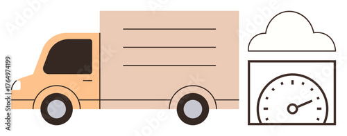 Orange delivery truck alongside a speedometer within a cloud outline, signifying fleet data, logistics, and performance monitoring. Ideal for delivery, transportation, tech, analytics, tracking