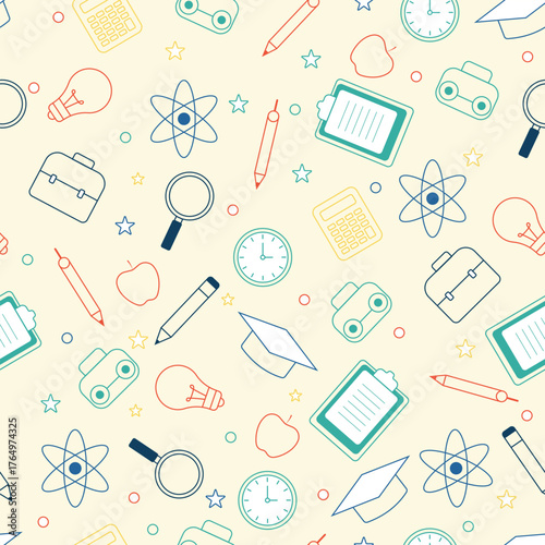 Colorful seamless education pattern with school items such as pencils clocks bags light bulbs and calculators ideal for learning backgrounds stationery and academic design projects