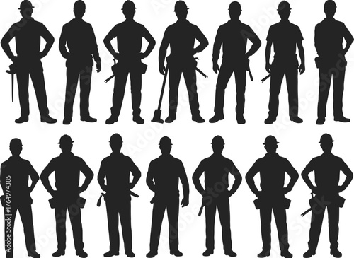 Construction workers silhouette, hard hat laborers, industrial workforce, teamwork in safety gear, manual tools, occupational safety, black figures, jobsite crew