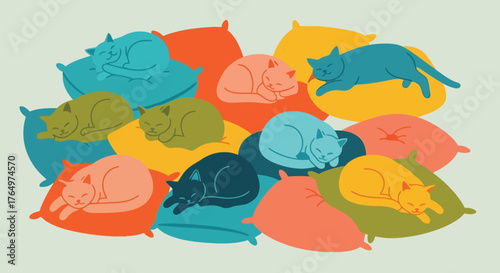 Illustration of colorful cats sleeping together in abstract pillow cluster, cute and playful design