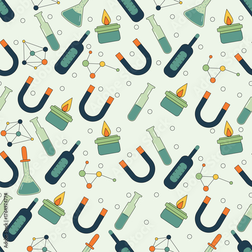 Creative seamless science lab pattern featuring magnets flasks burners and molecules perfect for education backgrounds chemistry projects and laboratory themed design illustrations