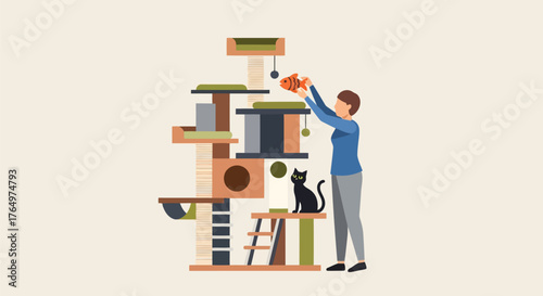Illustration of man assembling cat tree furniture with black cat watching