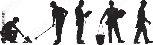 Construction workers silhouette, manual labor, teamwork, industrial site, tools, bucket, trowel, rake, inspection, jobsite, infrastructure, urban, building, effort, crew, task, motion, occupation, 