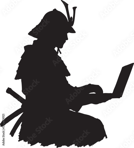 Remote Work Samurai Fusion of Ancient Warrior and Modern Freelancer Icon Silhouette Vector Art