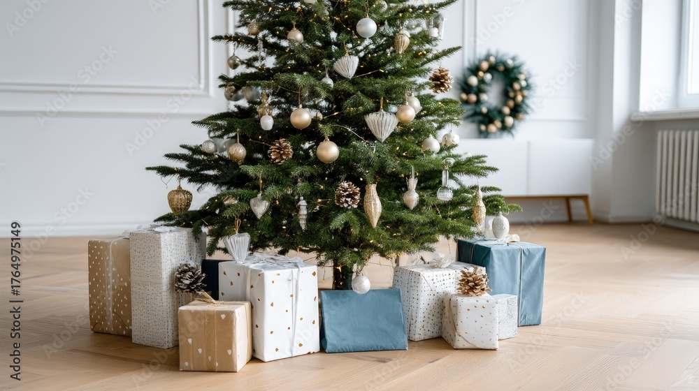 Fototapeta premium Warm light from the fireplace and candles fills the room, highlighting a decorated tree and neatly arranged presents for the holiday season