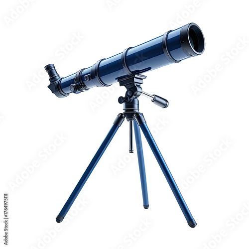 Deep blue telescope on a tripod isolated on a black background