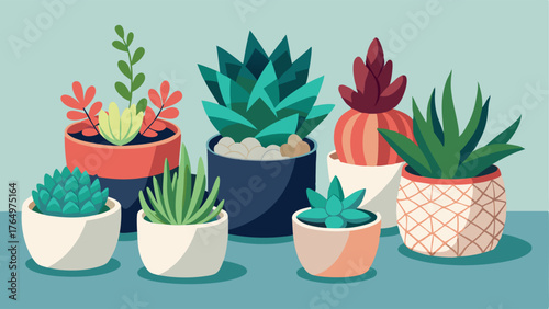 A display of small succulent plants nestled in unique ceramic pots each one handpainted with abstract designs.