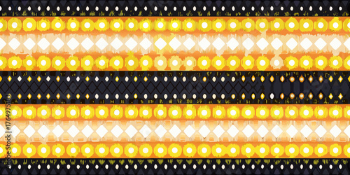 Abstract geometric pattern with sunburst circles and diamond shapes in yellow orange and black