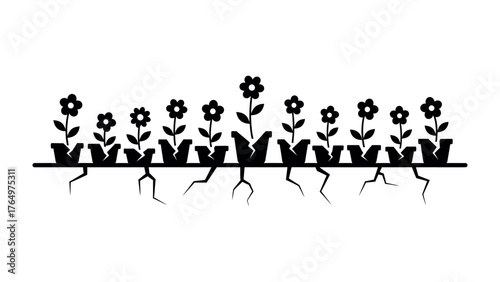 Growth and Resilience: A stylized silhouette of flowers flourishing in pots, symbolizing life's journey from roots to bloom.