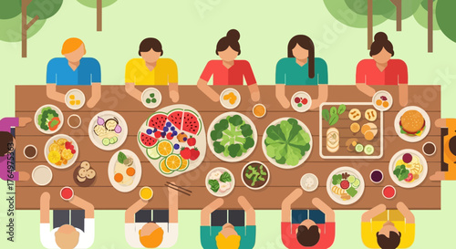 A vibrant flat design illustration depicting a diverse group of attendees enjoying healthy, organic food at a communal dining setting at Wonderfruit Festival. 