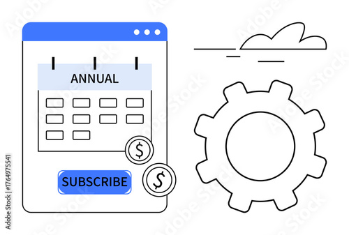Calendar labeled annual, subscribe button, floating dollar coin, and gear icon. Ideal for finance, automation, plans, subscriptions, time management productivity simple flat metaphor