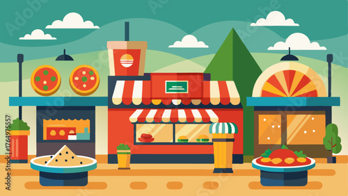 A brightly lit area with a row of food stalls offering international cuisine such as Mexican tacos Korean bibimbap and Italian pizza.