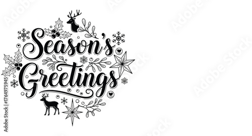 “Season’s Greetings” typography with decorative holiday icons vector illustration isolated in black and white