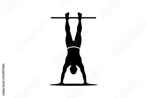 Vector art of silhouette of a man doing handstand on bar
