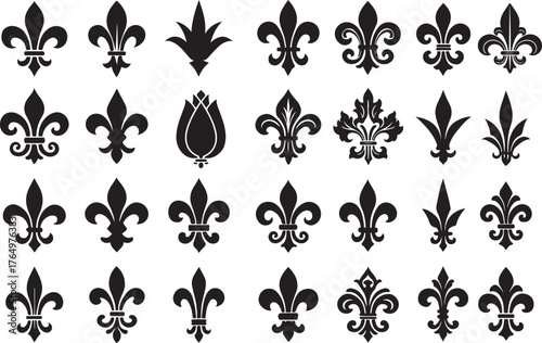 Stylized lily flower emblems. Elegant medieval floral insignia inspired by royal decorative symbols. Vector silhouette illustration..eps