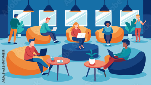A communal space with plush lounge chairs and coffee tables perfect for students to meet and network with their peers.