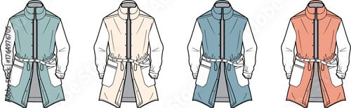 Fashion vector illustration of a women's belted long-sleeve jacket, showing different color options, ideal for technical drawings, apparel design concepts, and mockups