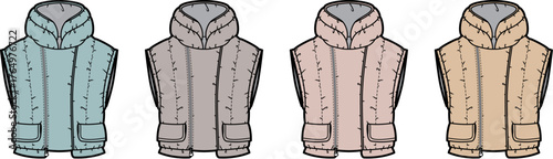 Technical flat fashion sketch set of a winter hooded puffer vest in four different pastel color options. Apparel design template for outerwear collection