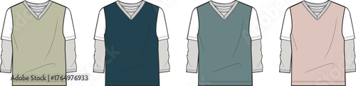 Technical fashion drawings of v-neck sweater vests layered over long-sleeved shirts, presented in a contemporary color palette for apparel design and conceptualization