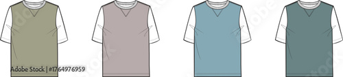 Collection of fashion technical flat illustrations showcasing a men's layered V-neck sweater vest over a short-sleeve t-shirt in four color options