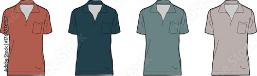 Four polo shirts in different colors and styles with short sleeves and chest pockets for men's casual fashion