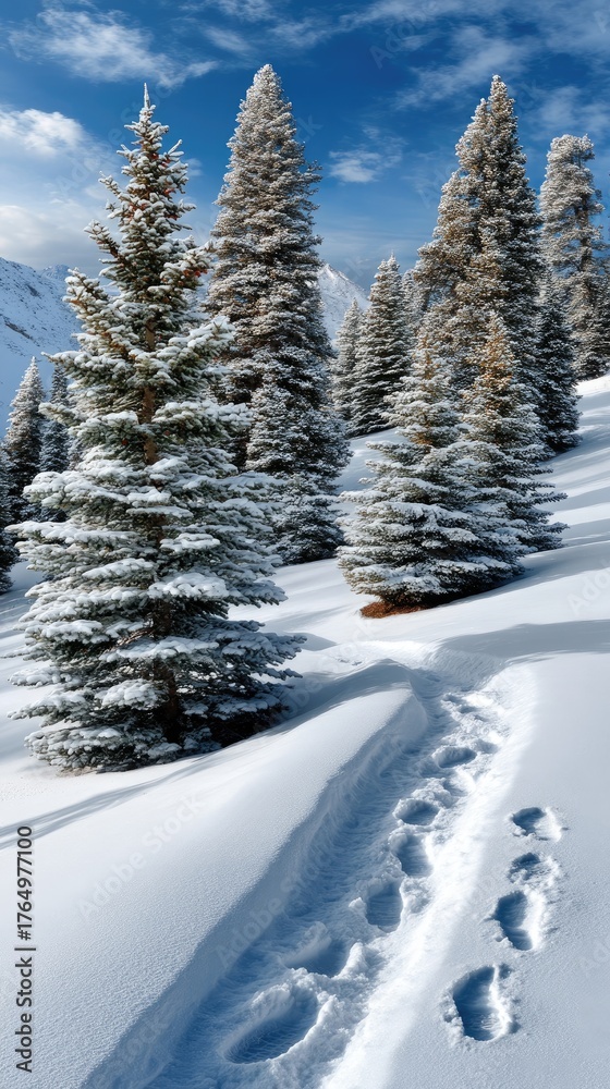 Obraz premium A snowy path stretches through a serene forest, flanked by tall trees, while sunlight bathes the landscape in a peaceful glow