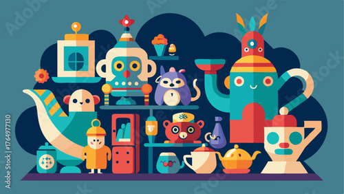 A corner filled with unique and quirky figurines and collectibles from miniature teapots to vintage toys.