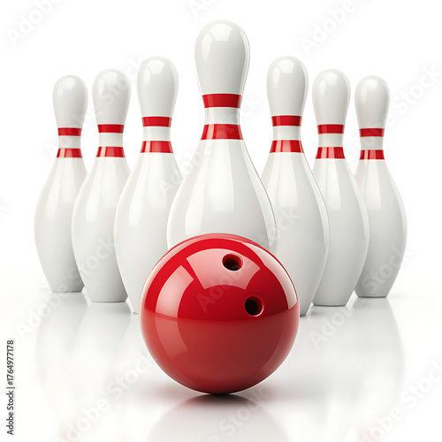 A bright red bowling ball sits in front of a formation of ten white bowling pins with red stripes on a white background