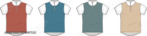 Vector illustration of men's sleeveless quarter-zip polo shirts over t-shirts. Multiple color variations for fashion design, apparel technical flats, and clothing development